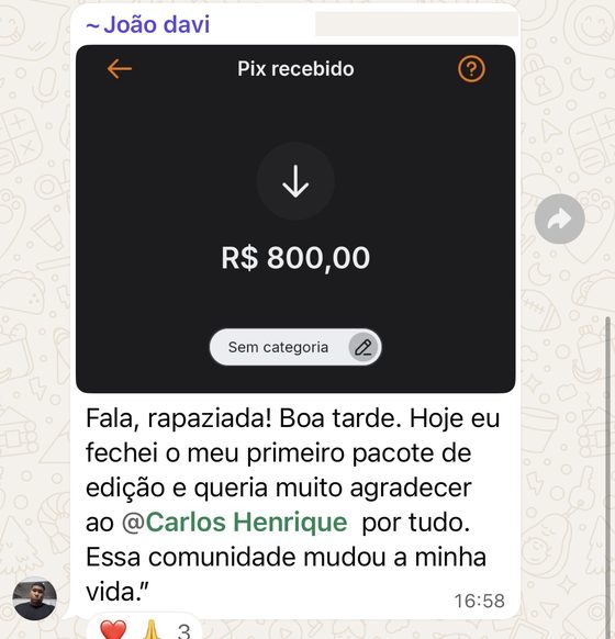 Print real de aluno enviando comprovante Pix de R$800 pelo primeiro pacote de edição fechado